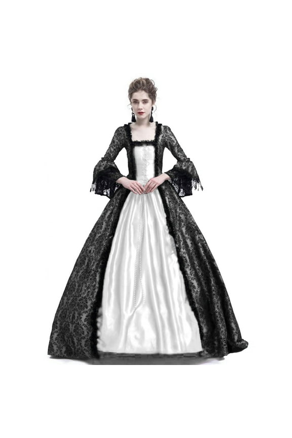 Women Court Gowns Dress Medieval Fall Winter Gothic Retro Solid Ball Gowns Lace Patchwork Flare Sleeve Halloween Dresses 2024 White S