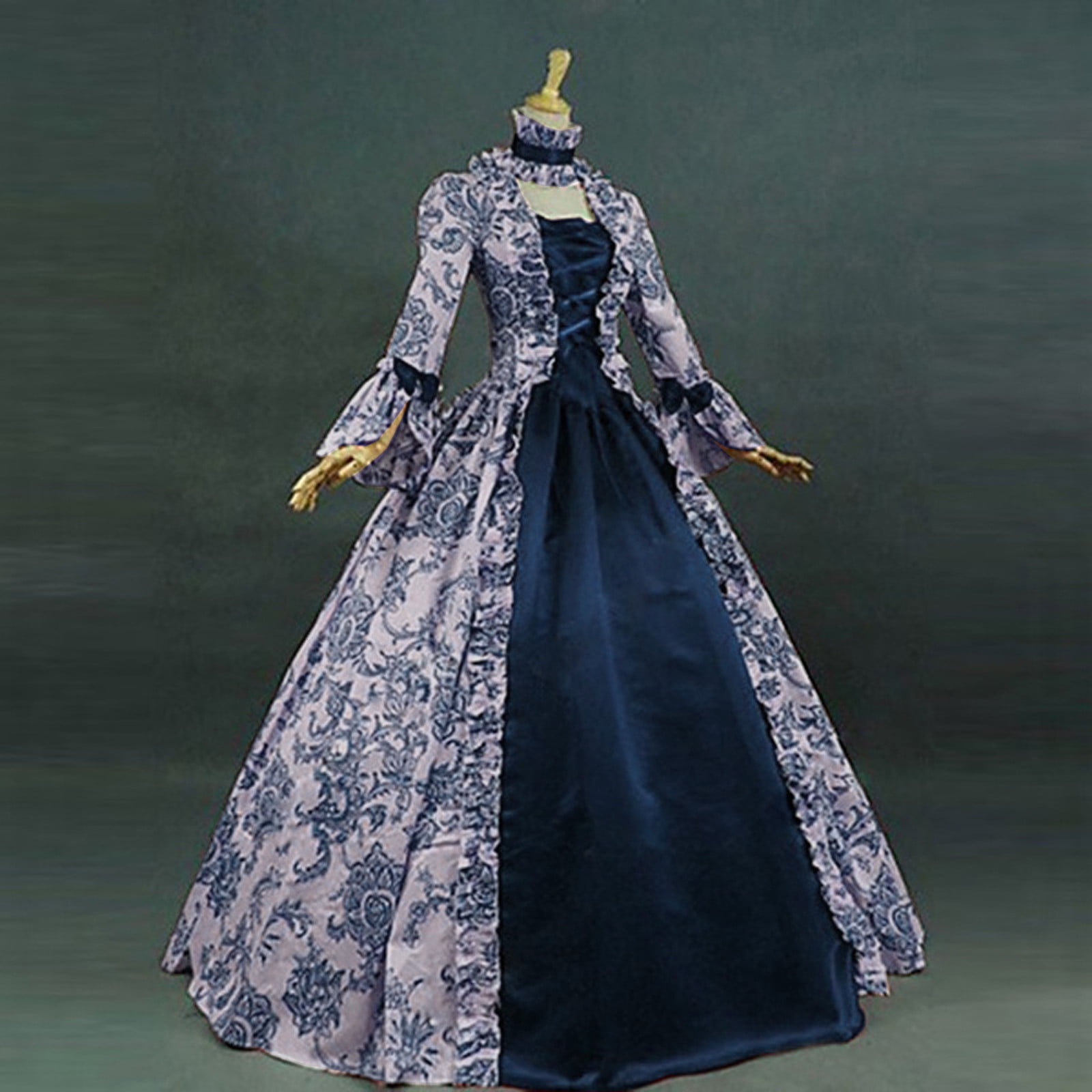 navy blue dress for baby girl BLTIBY Women Court Gowns Dress Medieval Fall Winter Gothic Retro Solid Ball  Gowns Lace Patchwork Flare Sleeve Premium Halloween Dresses 2024 Navy L