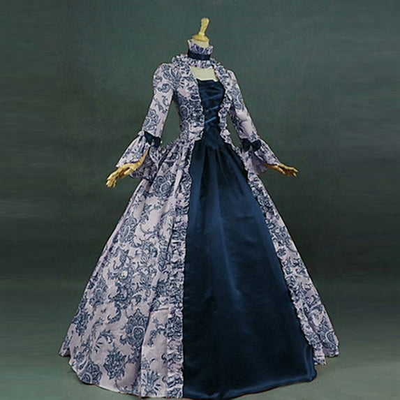 BLTIBY Women Court Gowns Dress Medieval Fall Winter Gothic Retro Solid Ball Gowns Lace Patchwork Flare Sleeve Premium Halloween Dresses 2024 Navy XXL