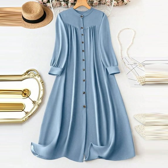 BLTIBY Women Elegant Maxi Dress Button Down up Long Sleeve Dresses Round Neck Vintage Flowy Swing Dresses Vacation Outfits Light Blue 3XL