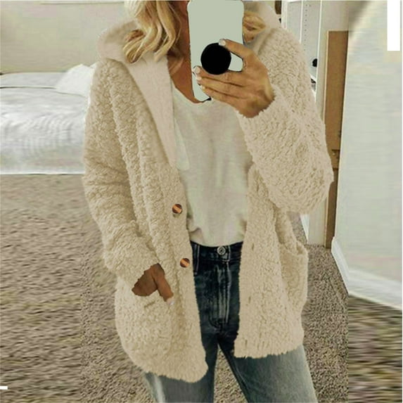 BLTIBY Women Fleece Jacket Coat Hooded Winter Fall Plush Peacoat Loose Casual Button Cardigan Overcoat Long Sleeve Tops with Pockets Beige L