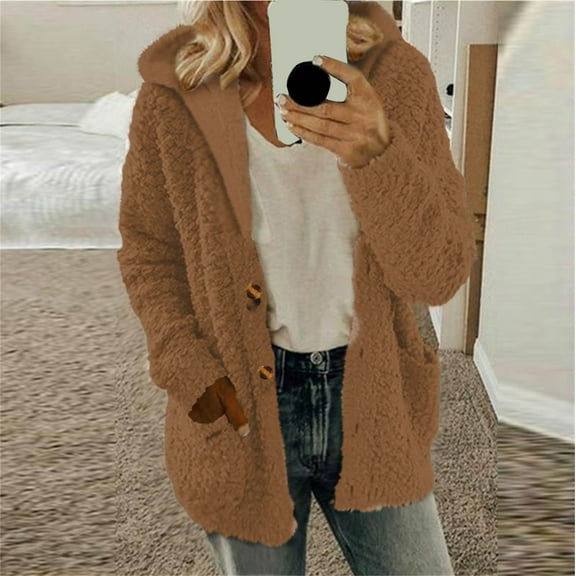 BLTIBY Women Fleece Jacket Coat Hooded Winter Fall Plush Peacoat Loose Casual Button Cardigan Overcoat Long Sleeve Tops with Pockets Orange XL