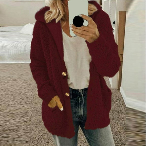 BLTIBY Women Fleece Jacket Coat Hooded Winter Fall Plush Peacoat Loose Casual Button Cardigan Overcoat Long Sleeve Tops with Pockets Red S