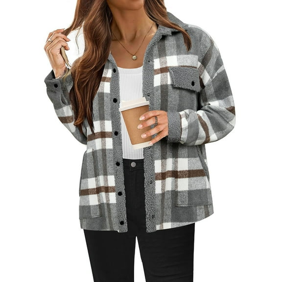 BLTIBY Women Fleece Jacket Coat Winter Fall Flannel Plaid Printed Plush Peacoat Casual Loose Button Cardigan Overcoat Long Sleeve Tops with Pockets Gray L