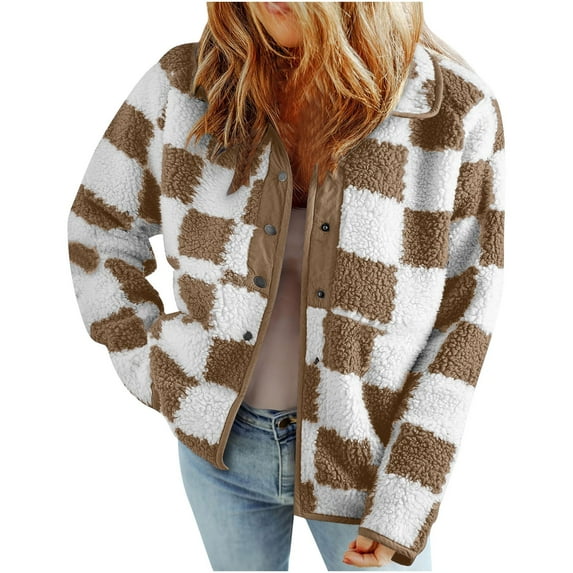 BLTIBY Women Fleece Jacket Coat Winter Fall Plaid Printed Plush Peacoat Loose Casual Button Cardigan Overcoat Long Sleeve Tops with Pockets Khaki L
