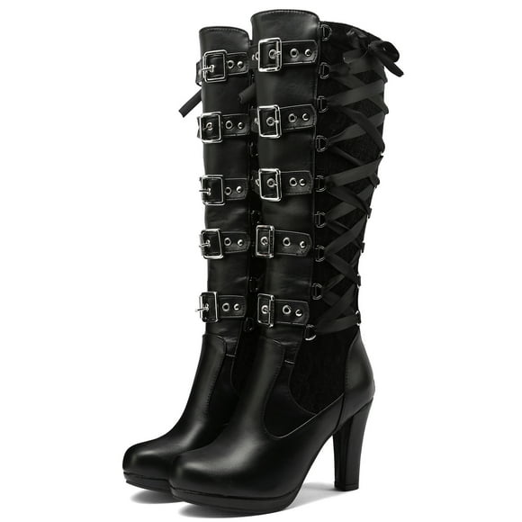 Women Gothic Boot Cosplay Cross Tied Leather Kneeth Platform Boots Gothic Bows Shoes Fashion Knee-High Boot Black 36