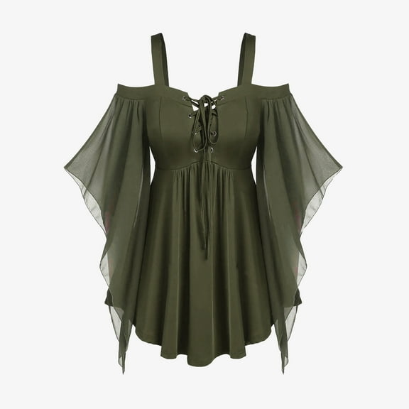 BLTIBY Women Gothic Criss Cross Tops Halloween Sleeveless Drawstring T-Shirt Tops Witch Blouse Mesh Eyelet Lace Stitching Tunic Army Green XXL