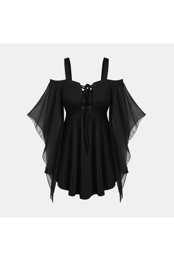Women Gothic Criss Cross Tops Halloween Sleeveless Drawstring T-Shirt Tops Witch Blouse Mesh Eyelet Lace Stitching Tunic Black M