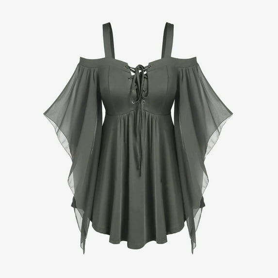 BLTIBY Women Gothic Criss Cross Tops Halloween Sleeveless Drawstring T-Shirt Tops Witch Blouse Mesh Eyelet Lace Stitching Tunic Dark Gray L