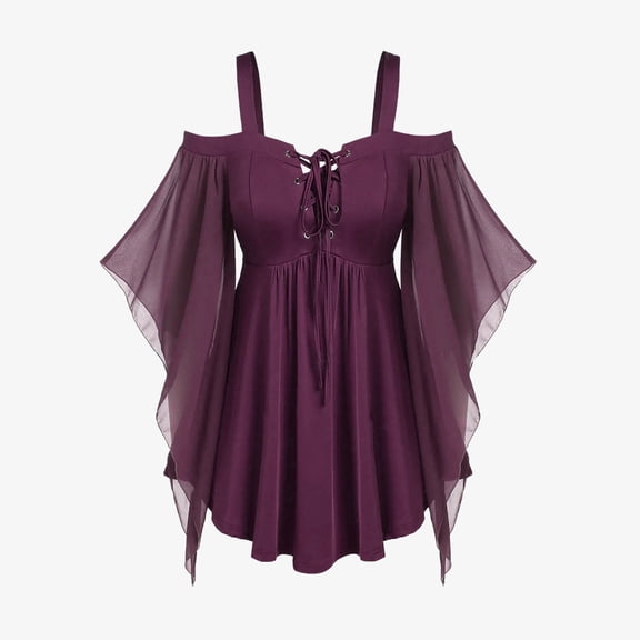 BLTIBY Women Gothic Criss Cross Tops Halloween Sleeveless Drawstring T-Shirt Tops Witch Blouse Mesh Eyelet Lace Stitching Tunic Wine S