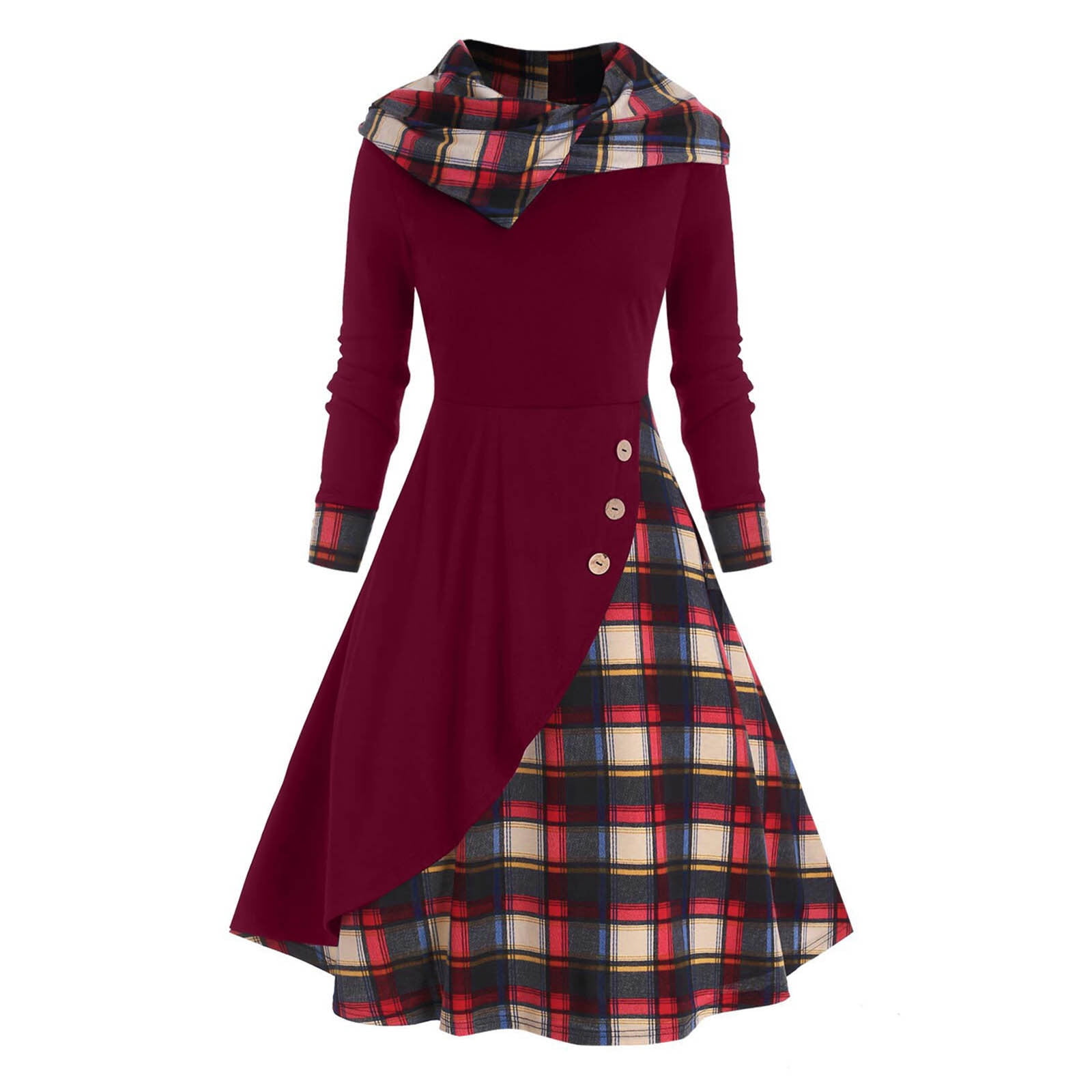 BLTIBY Women Gothic Steampunk Dress Casual Vintage Plaid Patchwork Button  Hooded Medieval Long Sleeve Dress Retro Rockabilly Punk Hippie Midi Dresses  Wine L - Walmart.com