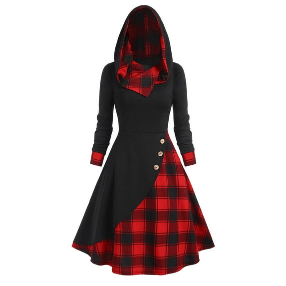 BLTIBY Women Gothic Steampunk Dress Casual Vintage Plaid Patchwork Button Hooded Medieval Long Sleeve Dress Retro Rockabilly Punk Hippie Midi Dresses Red S