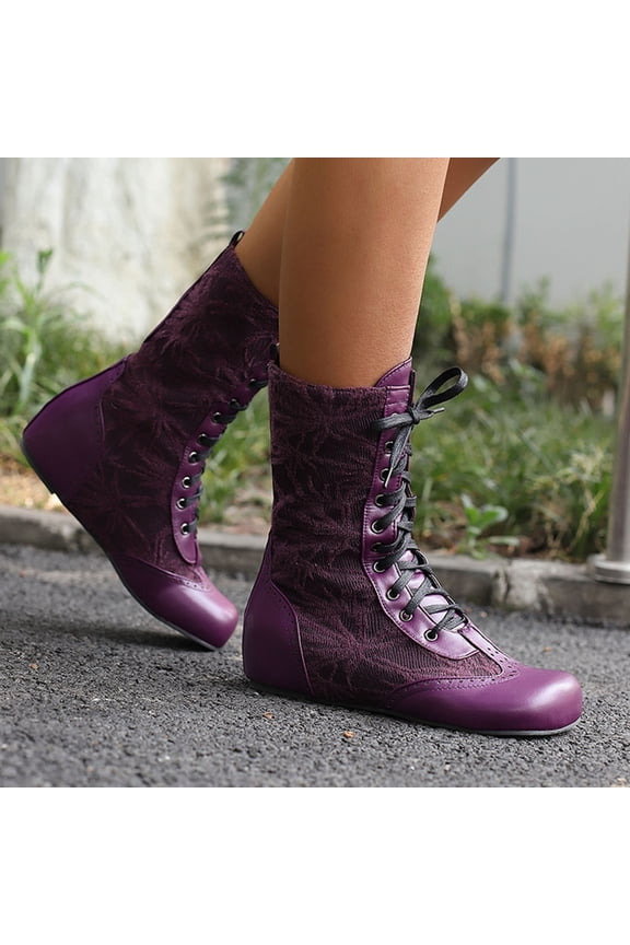 Women Gothic Victorian Boots Comfortable Round Toe Mid Calf Flat Boot Lace Up Embroidered Vintage Booties Purple 38