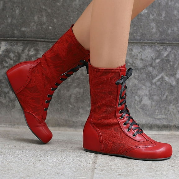 BLTIBY Women Gothic Victorian Boots Comfortable Round Toe Mid Calf Flat Boot Lace Up Embroidered Vintage Booties Red 36