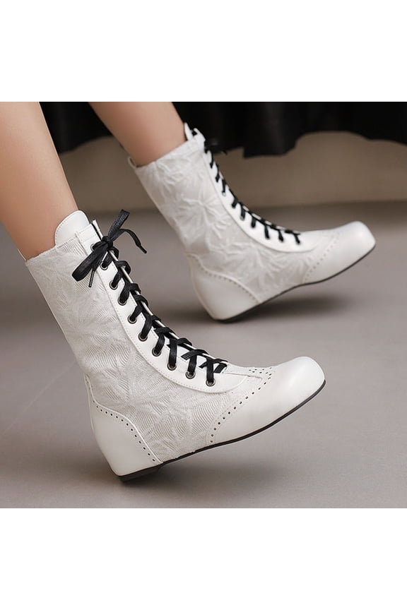 Women Gothic Victorian Boots Comfortable Round Toe Mid Calf Flat Boot Lace Up Embroidered Vintage Booties White 41