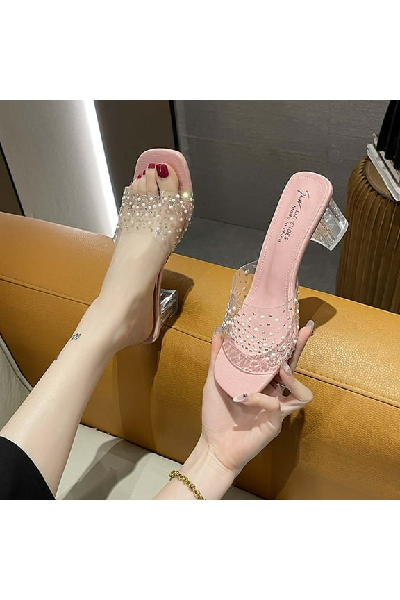 Women High Heel Sandals Fashion Summer Transparent PVC Rhinestone Decorative Square Head Open Toe Crystal Thick Heeled Slippers Shoes Pink 37