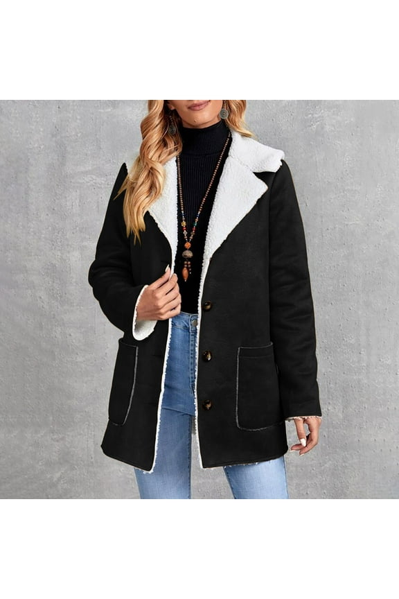 Women Jacket Coat Fall Winter Retro Solid Color Suede Composite Button Thicked Long Loose Cardigan Overcoat Long Sleeve Tops with Pockets Black S