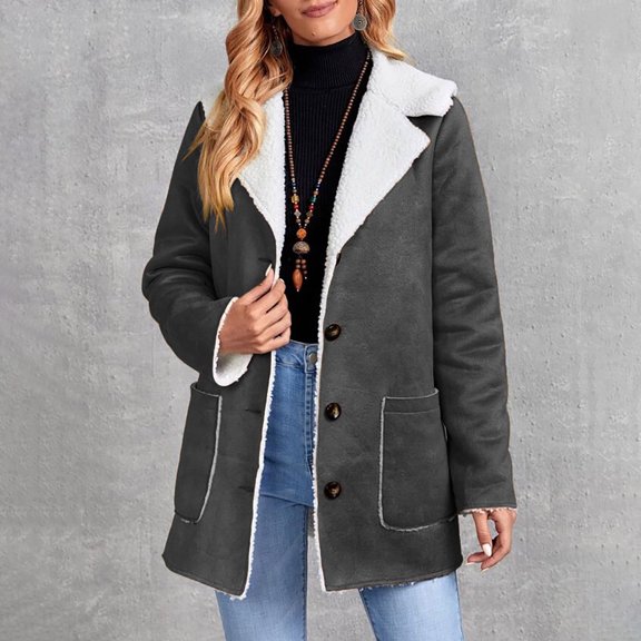 BLTIBY Women Jacket Coat Fall Winter Retro Solid Color Suede Composite Button Thicked Long Loose Cardigan Overcoat Long Sleeve Tops with Pockets Dark Gray L