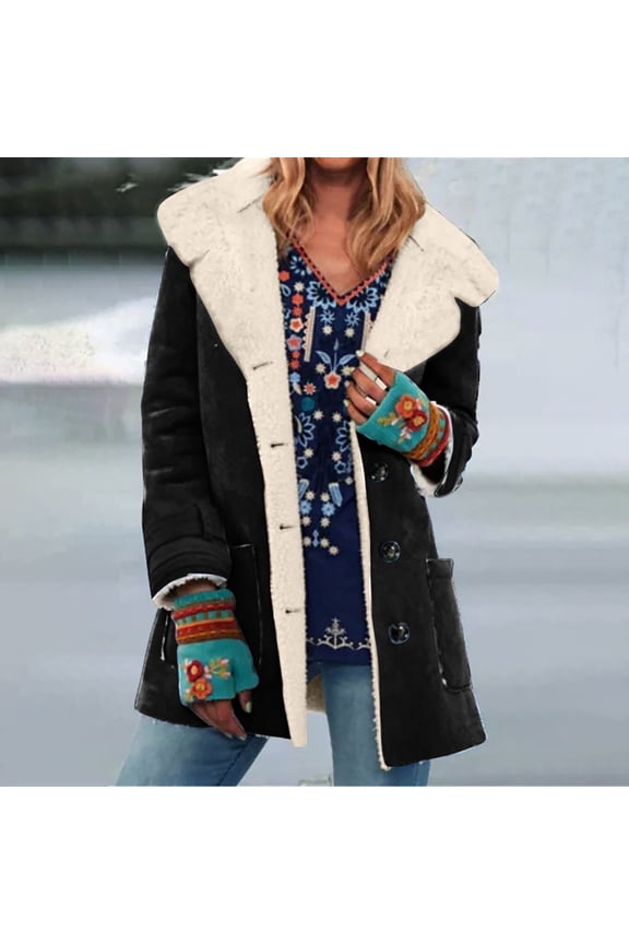 Women Jacket Coat Fall Winter Retro Solid Color Suede Lamb Suede Composite Button Thicked Long Loose Cardigan Overcoat Long Sleeve Tops with Pockets Black XL