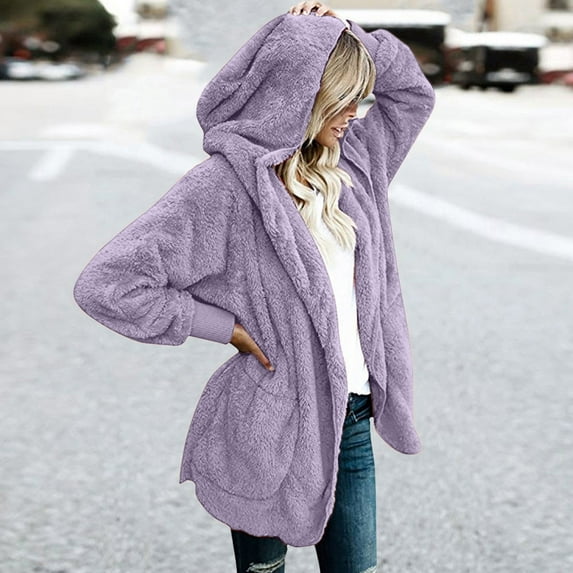 BLTIBY Women Jacket Coat Hooded Fall Winter Solid Color Plush Peacoat Mid-Length Loose Cardigan Overcoat Long Sleeve Tops with Pockets Purple S