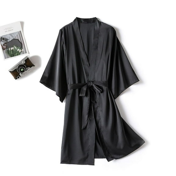 BLTIBY Women Long Robe Gown Trim Kimono Long Bathrobe Lightweight Bridesmaids Pajama Fashion Comfortable Nightgown with Belt Black XXL
