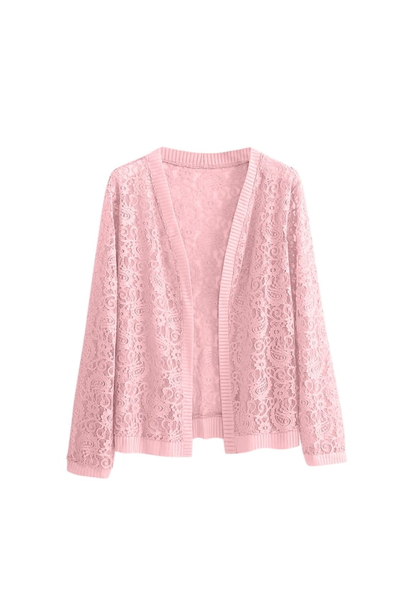 Women Long Sleeve Lace Cardigan Hollowed-out Casual Open Front Floral Crochet Shrug Cover Up Fashion Lightweight Jackets Plus Size Pink XL