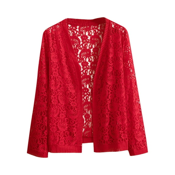 BLTIBY Women Long Sleeve Lace Cardigan Hollowed-out Casual Open Front Floral Crochet Shrug Cover Up Fashion Lightweight Jackets Plus Size Red 4XL