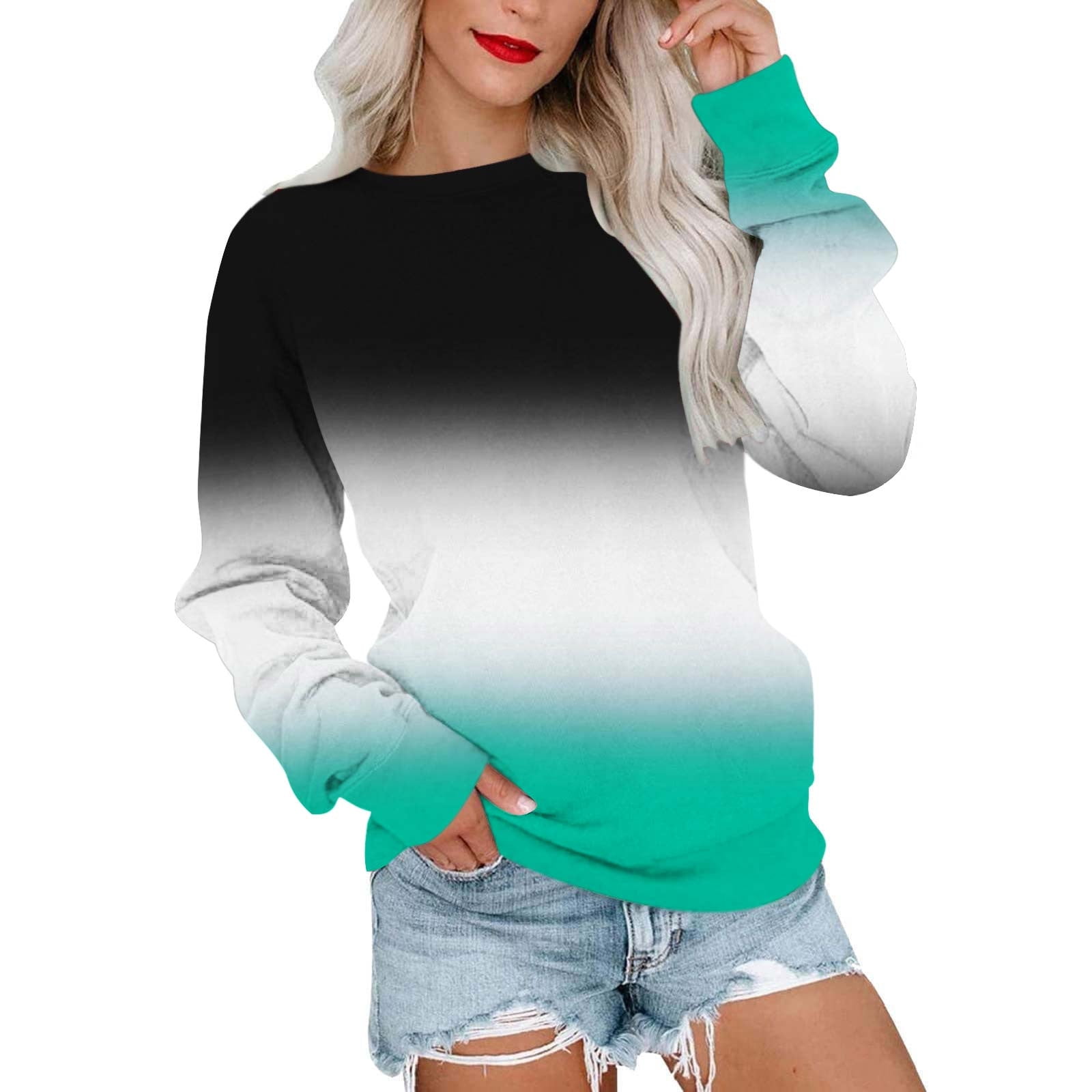 BLTIBY Women Long Sleeve Sweatshirts Gradient Solid Color Round Neck ...