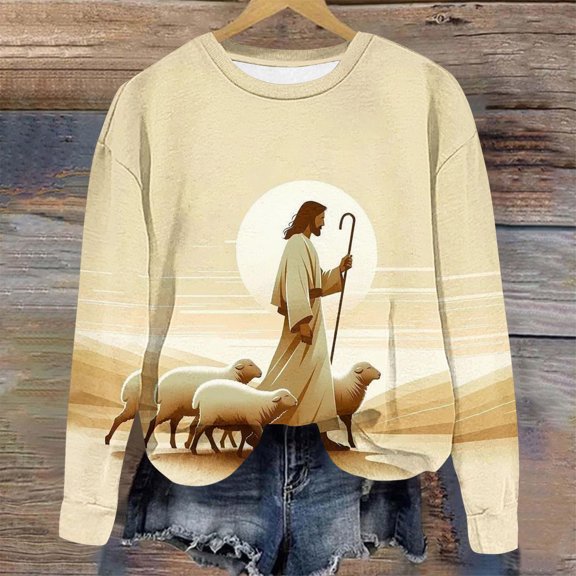 BLTIBY Women Long Sleeve Sweatshirts Jesus Printed Round Neck Shirts Fashion Casual Lightweight Pullover Blouse Beige S