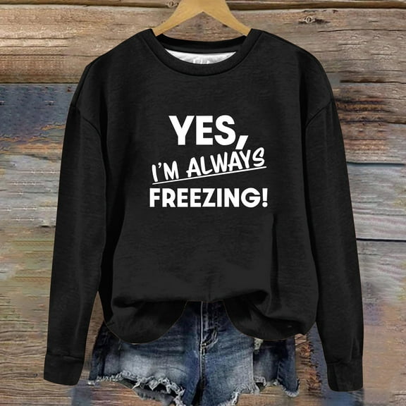 BLTIBY Women Long Sleeve Sweatshirts Printed Round Neck Shirts Casual Fashion Lightweight Pullover Blouse Top Black S