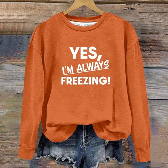 BLTIBY Women Long Sleeve Sweatshirts Printed Round Neck Shirts Casual Fashion Lightweight Pullover Blouse Top Orange M