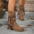 thumbnail image 1 of BLTIBY Women Mid Calf Boots Chunky Low Heel Wide Calf Pull On Flock Boot Lace Up Round Toe Western Casual Vintage Shoes Brown 37, 1 of 9