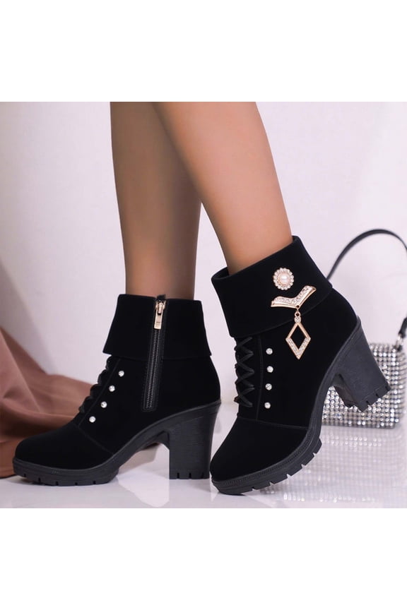 Women Mid Calf Boots Fall Pull On Wide Short Boot Vintage Round Toe Booties Mid Chunk Heel Non Slip Shoes Side Zip Black 40