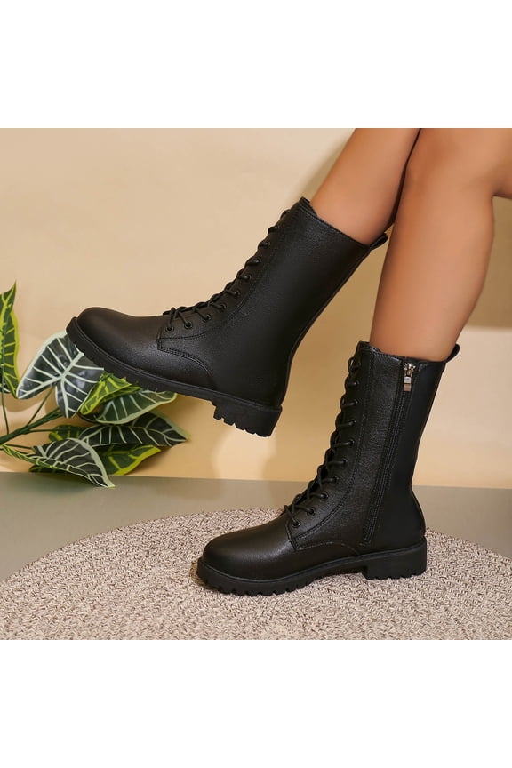 Women Mid Calf Boots Fall Winter Pull On Short Boot Vintage Round Toe Lace Up Booties Mid Chunk Heel Non Slip Shoes Side Zip Black 36
