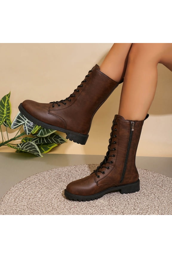 Women Mid Calf Boots Fall Winter Pull On Short Boot Vintage Round Toe Lace Up Booties Mid Chunk Heel Non Slip Shoes Side Zip Brown 43
