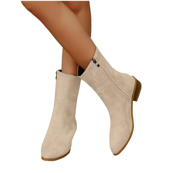 BLTIBY Women Mid Calf Boots Pointed Toe Chunk Flock Solid Color Boot Fashion Elegant Comfortable Booties Beige 40