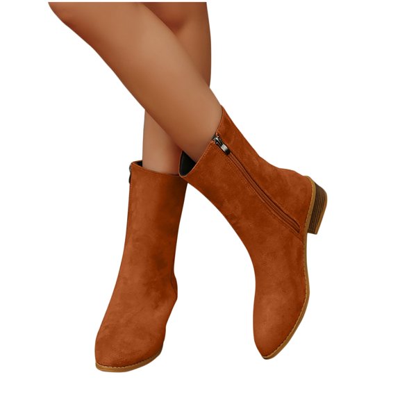 BLTIBY Women Mid Calf Boots Pointed Toe Chunk Flock Solid Color Boot Fashion Elegant Comfortable Booties Orange 39