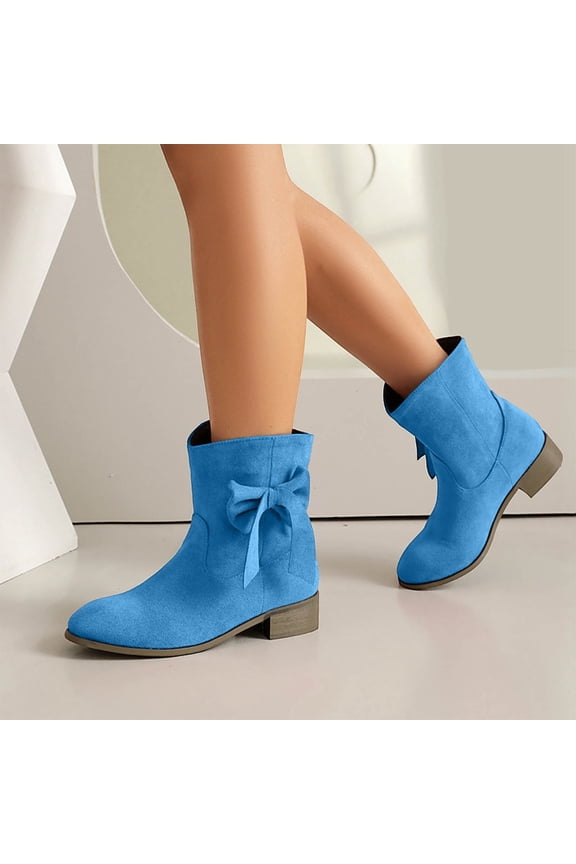 Women Mid Calf Boots Round Toe Chunk Flock Bow Decoration Boot Fashion Elegant Comfortable Booties Blue 42