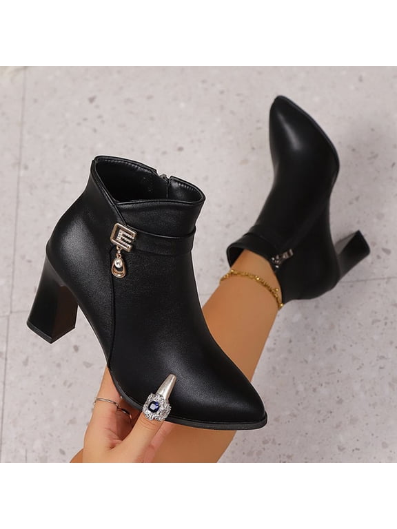 Women PU Leather Boot Pointed Toe Chunky Heel Boots Elegant Fall Trendy Ankle Booties Side Zipper Shoes Black 40