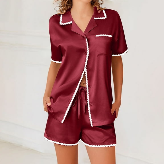 BLTIBY Women Pajamas Set Button Down Sleepwear Solid Colour Short Sleeve Nightwear with Shorts Soft Pjs Set Fashion Comfortable Homewear with Pockets Wine M