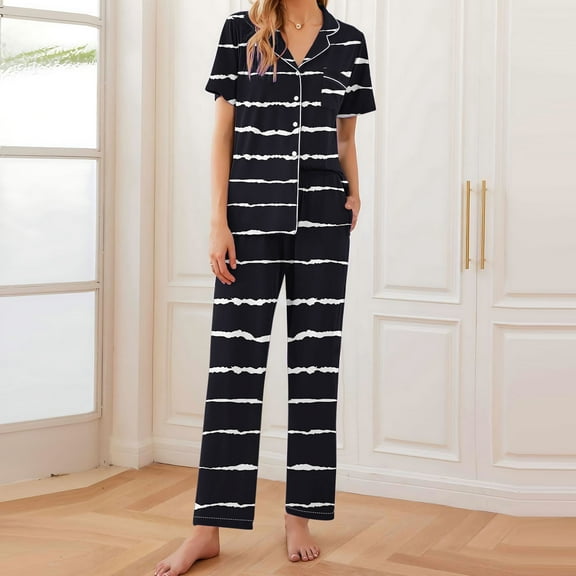 BLTIBY Women Pajamas Set Button Down Sleepwear Striped Printed Short Sleeve Nightwear with Long Pants Soft Pjs Set Fashion Comfortable Homewear with Pockets Black L