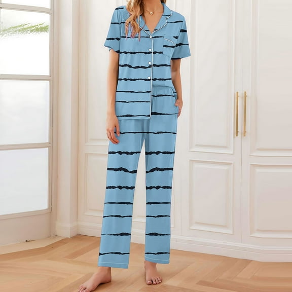 BLTIBY Women Pajamas Set Button Down Sleepwear Striped Printed Short Sleeve Nightwear with Long Pants Soft Pjs Set Fashion Comfortable Homewear with Pockets Blue M