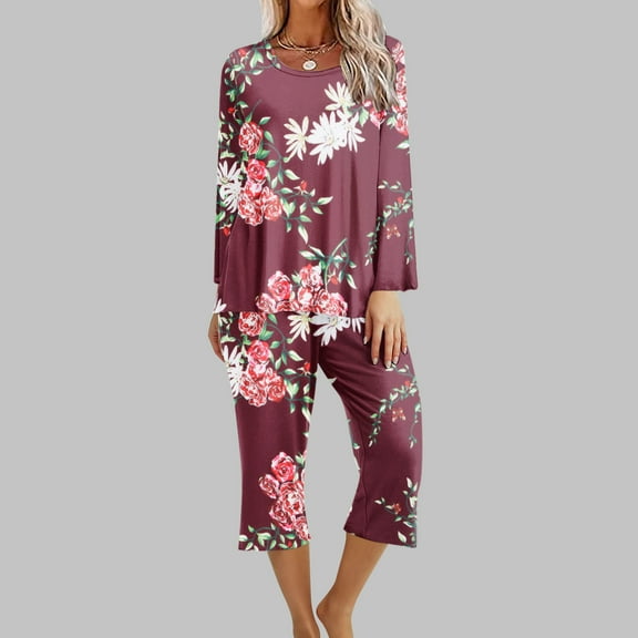 BLTIBY Women Pajamas Set Sleepwear Printed Long Sleeve Nightwear Pants Soft Pjs Set Fashion Comfortable Homewear with Pockets Red XXL