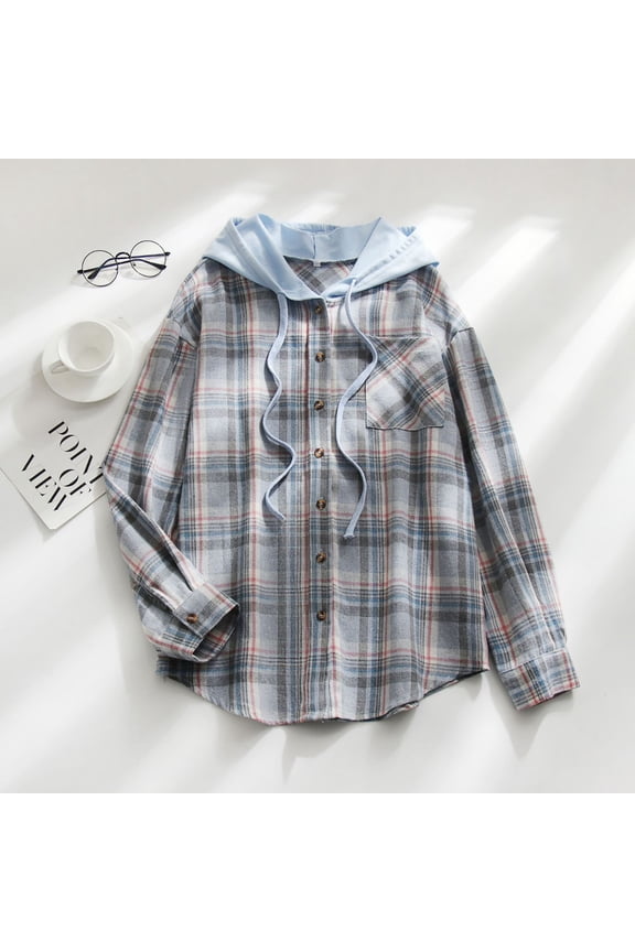 Women Plaid Hooded Shirt Fall Drawstring Sweatshirt Hoodie Jacket Casual Button Down Blouse Tops with Pockets Blue XL