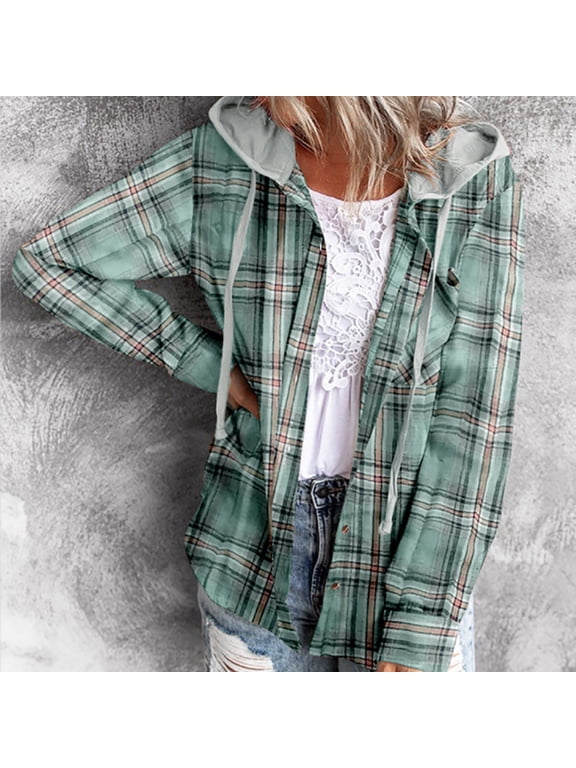 Women Plaid Hooded Shirt Fall Drawstring Sweatshirt Hoodie Jacket Casual Button Down Blouse Tops with Pockets Green L