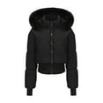 thumbnail image 1 of BLTIBY Women Quilted Puffer Jacket with Fur Hooded Cropped Padded Warm Winter Zip-Up Heavyweight Coat Outerwear with Thumb Holes Black XL, 1 of 8