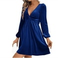 thumbnail image 1 of BLTIBY Women Ruched V Neck Velvet Dresses Long Sleeve Tunic Formal Fall Winter Cocktail Dress Loose Elegant Mini Gowns Blue XL, 1 of 6