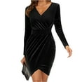 thumbnail image 1 of BLTIBY Women Ruched V Neck Velvet Dresses Long Sleeve Tunic Formal Fall Winter Wrap Cocktail Dress Loose Elegant Mini Gowns Black L, 1 of 4