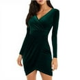 thumbnail image 1 of BLTIBY Women Ruched V Neck Velvet Dresses Long Sleeve Tunic Formal Fall Winter Wrap Cocktail Dress Loose Elegant Mini Gowns Green M, 1 of 5