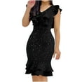 thumbnail image 1 of BLTIBY Women Sequin Dress Ruffle Glitter Wrap V Neck Swing Club Cocktail Party Dresses Midi Gown Elegant Fall Dress 2024 Black L, 1 of 5
